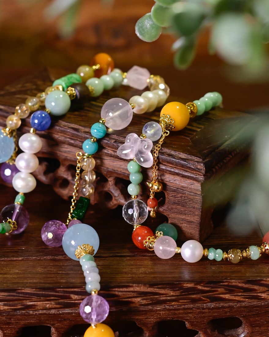 Nanhong Agate,Aquamarine,Pearl,White Crystal,Jadeite,Amethyst,Beeswax Necklace - 4