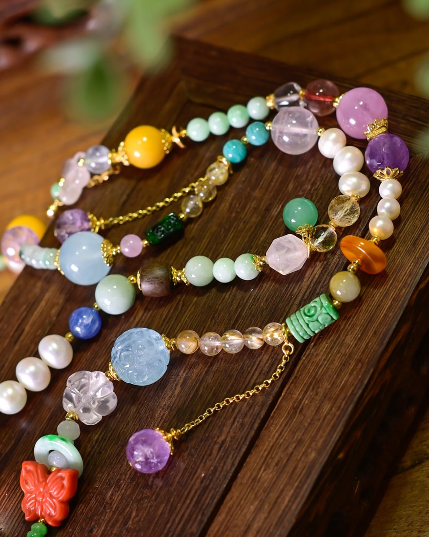 Nanhong Agate,Aquamarine,Pearl,White Crystal,Jadeite,Amethyst,Beeswax Necklace - 6