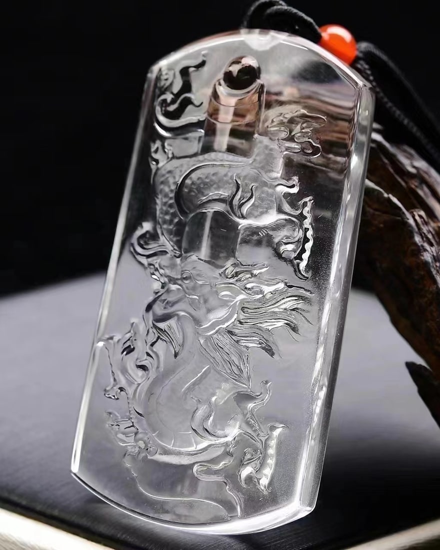 White Crystal Dragon Pendant w Certificate - 2