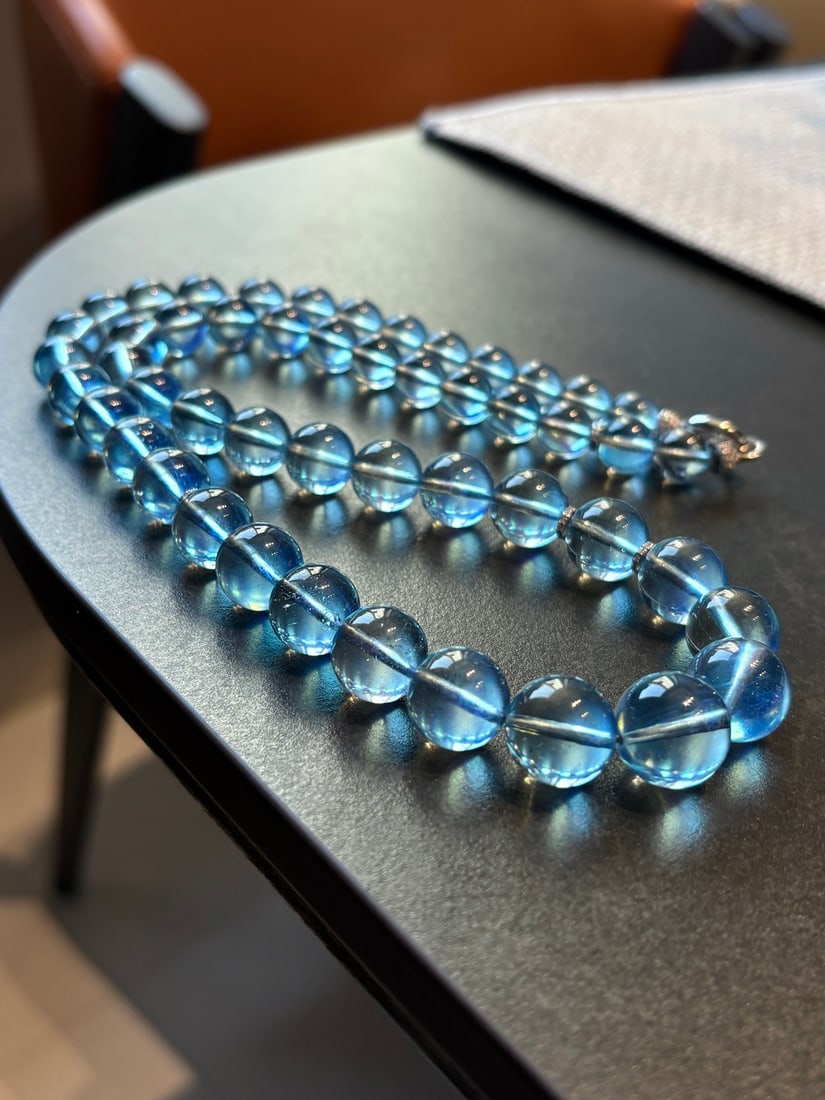 Natural Aquamarine Beads Necklace w Certificate - 4