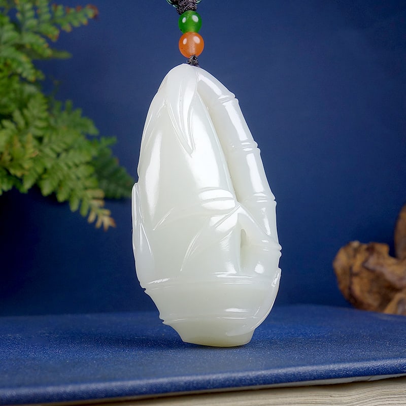 Natural Hetian Jade Hand-carved Bamboo Pendant w Certificate - 2