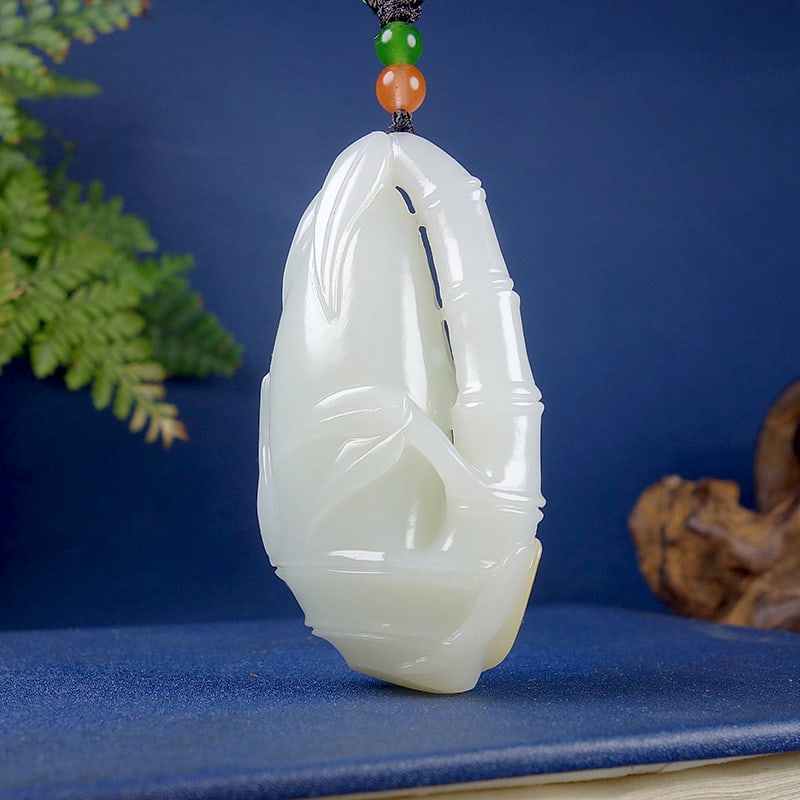 Natural Hetian Jade Hand-carved Bamboo Pendant w Certificate - 3