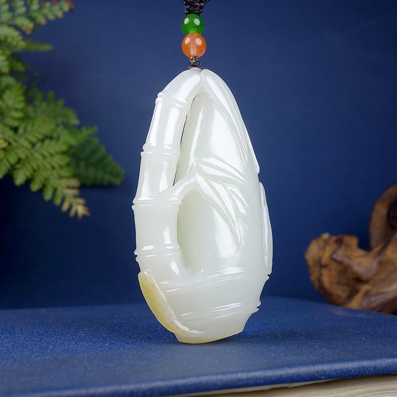 Natural Hetian Jade Hand-carved Bamboo Pendant w Certificate - 4