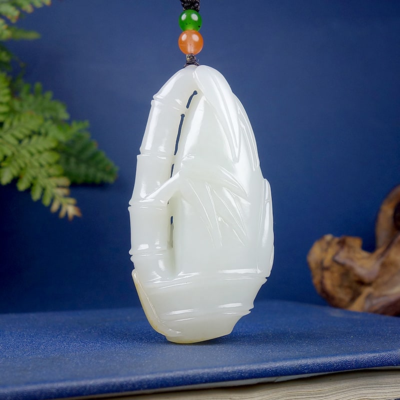 Natural Hetian Jade Hand-carved Bamboo Pendant w Certificate - 5
