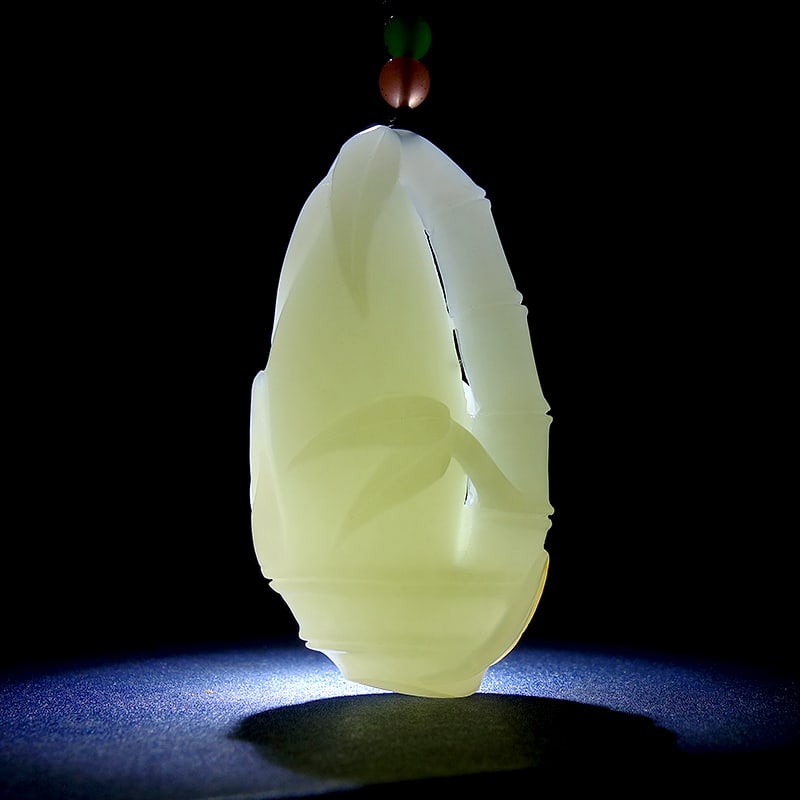 Natural Hetian Jade Hand-carved Bamboo Pendant w Certificate - 6