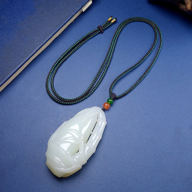 Natural Hetian Jade Hand-carved Bamboo Pendant w Certificate - 7