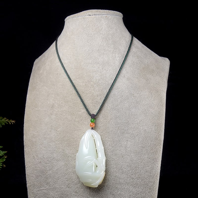 Natural Hetian Jade Hand-carved Bamboo Pendant w Certificate - 8