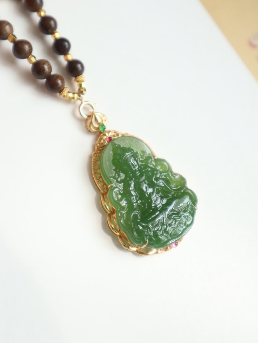 18K Gold Inlay Green Hetian Jade Pendant - Kwan-yin - 2