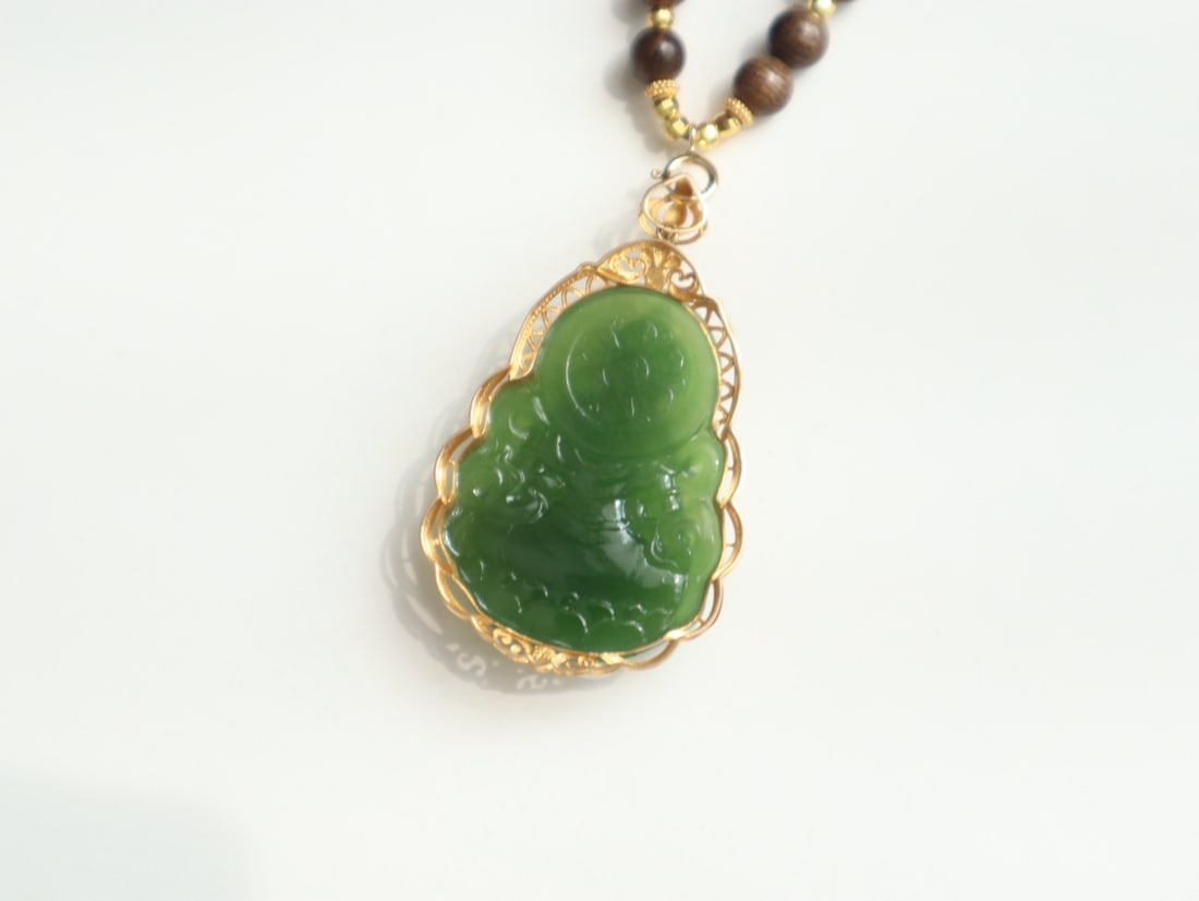 18K Gold Inlay Green Hetian Jade Pendant - Kwan-yin - 3