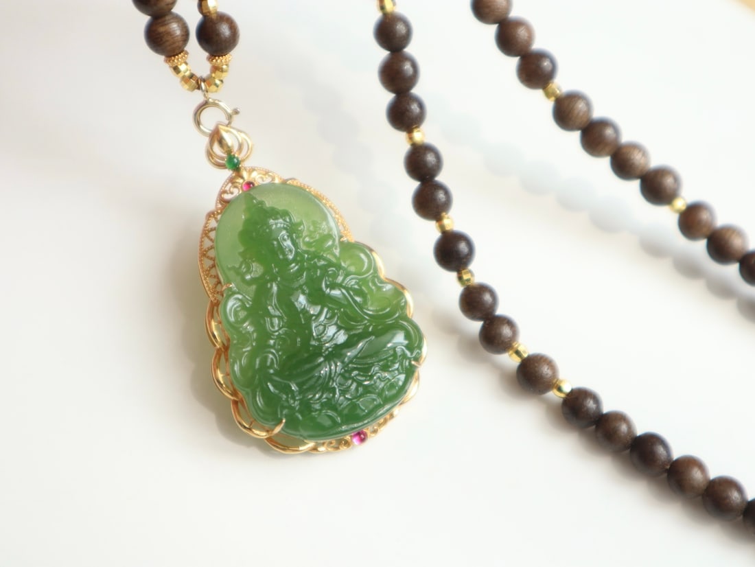 18K Gold Inlay Green Hetian Jade Pendant - Kwan-yin - 4