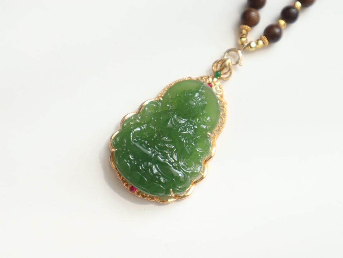 18K Gold Inlay Green Hetian Jade Pendant - Kwan-yin - 5