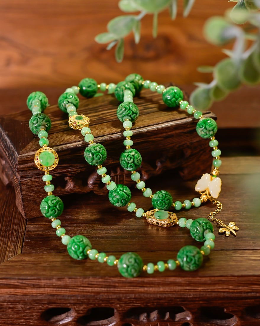 Gilt Gold Silver & Green Jadeite Beads Necklace - 2
