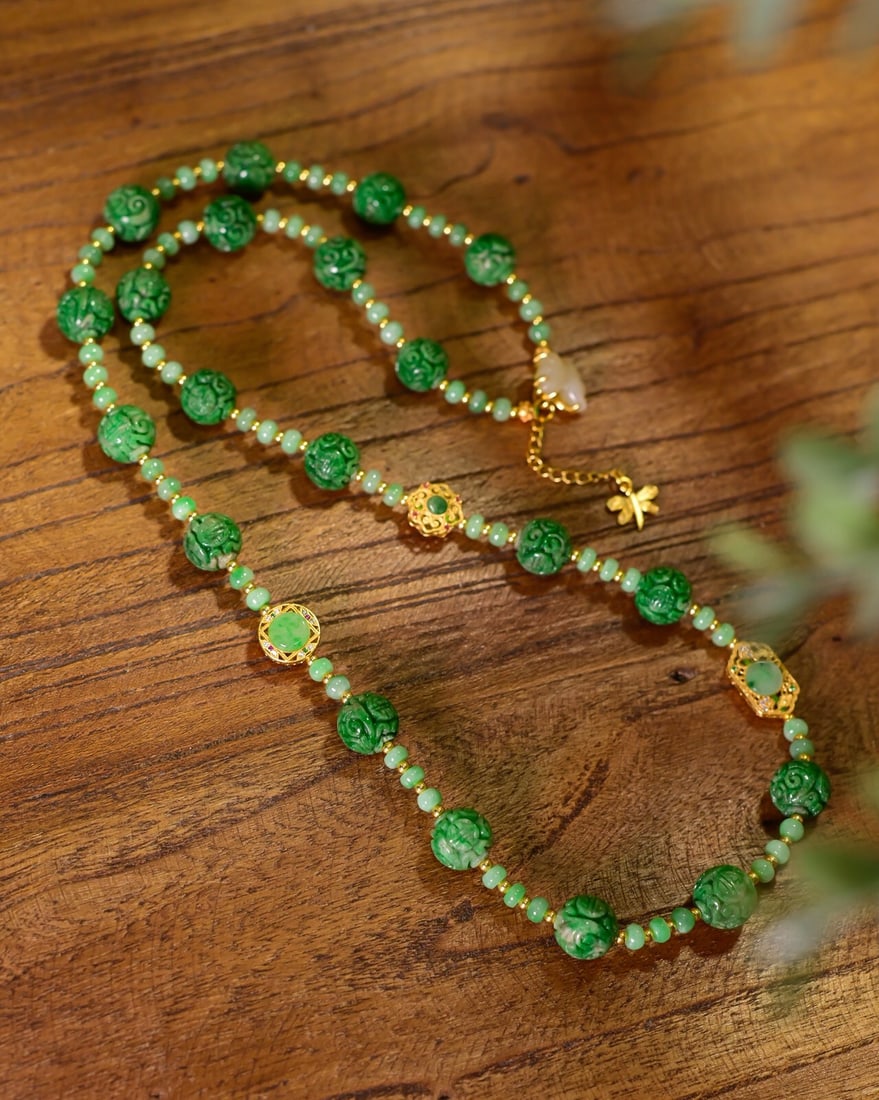 Gilt Gold Silver & Green Jadeite Beads Necklace - 5