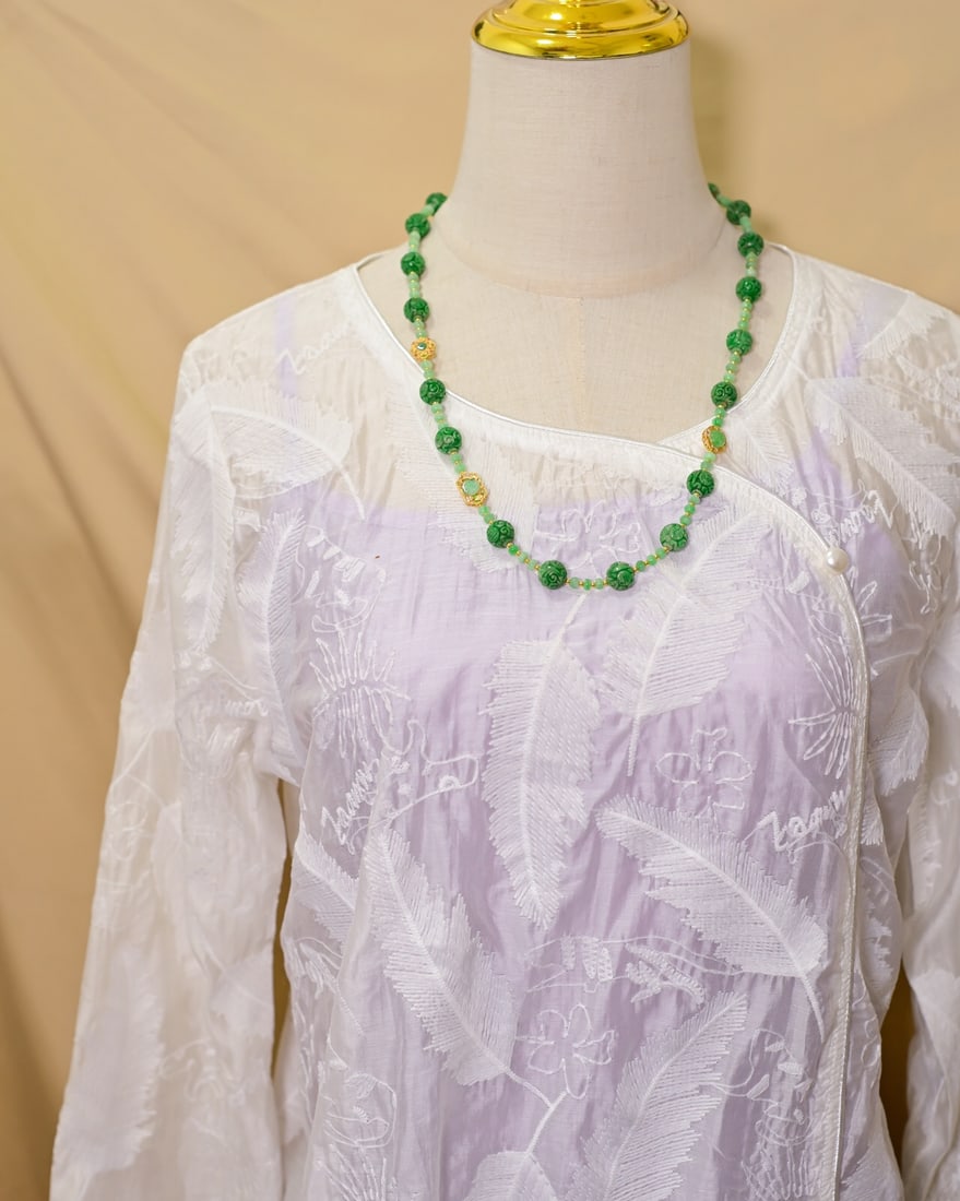 Gilt Gold Silver & Green Jadeite Beads Necklace - 6