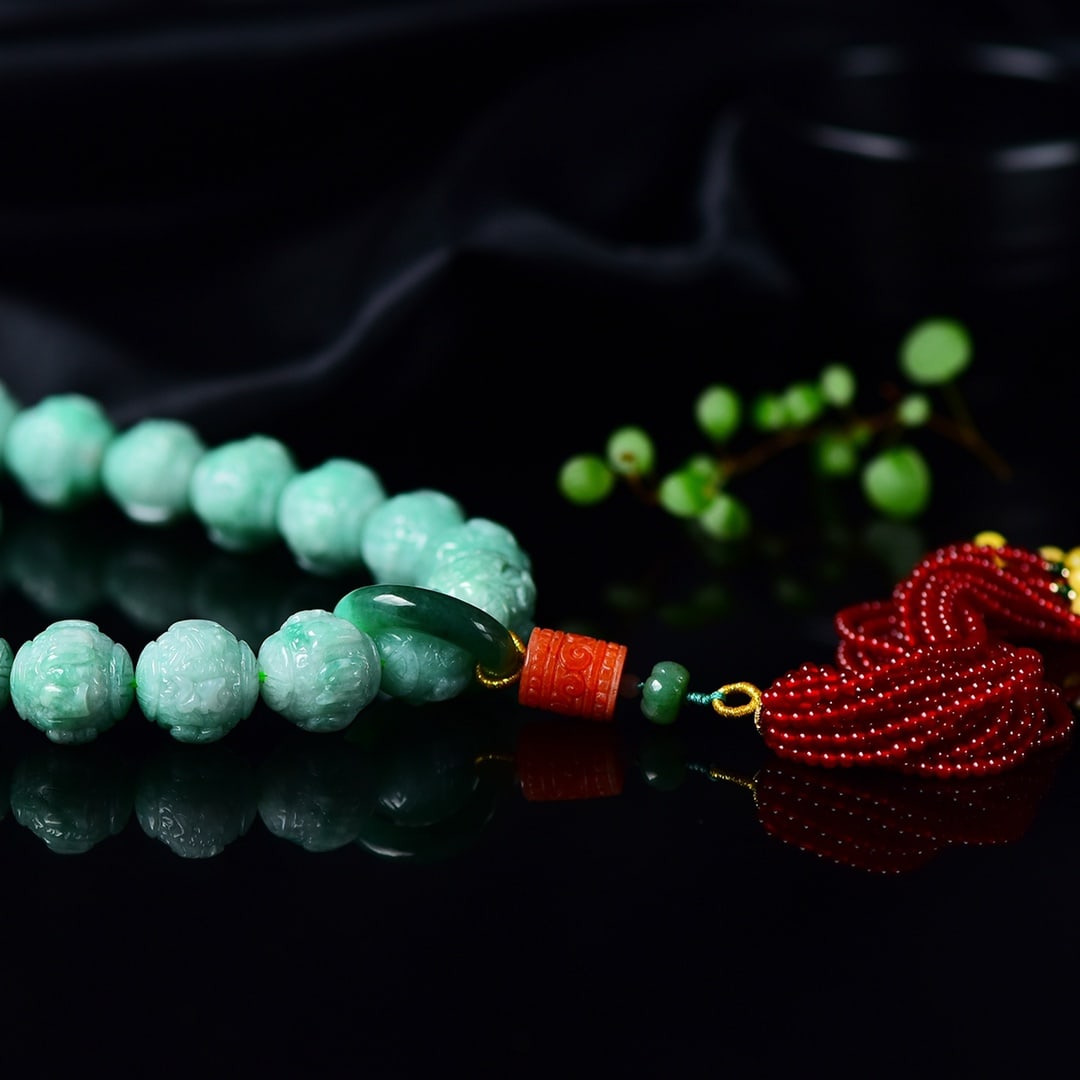 Natural Green Jadeite Beads Hand Chain with Certificate - 2