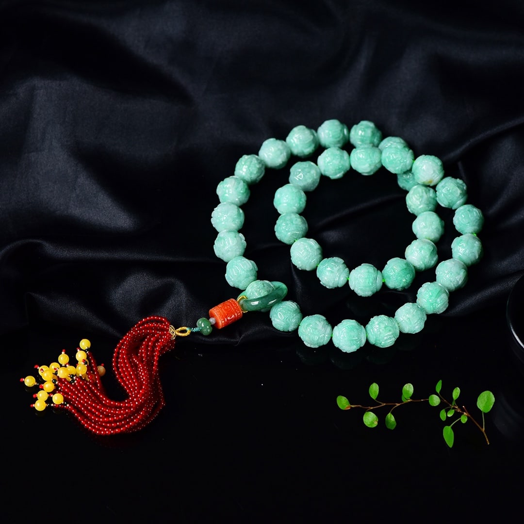 Natural Green Jadeite Beads Hand Chain with Certificate - 3