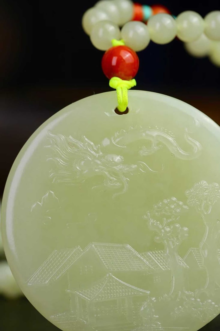 Hetian Jade Hand-carved Dragon & Scenery Pendant w Certificate - 2