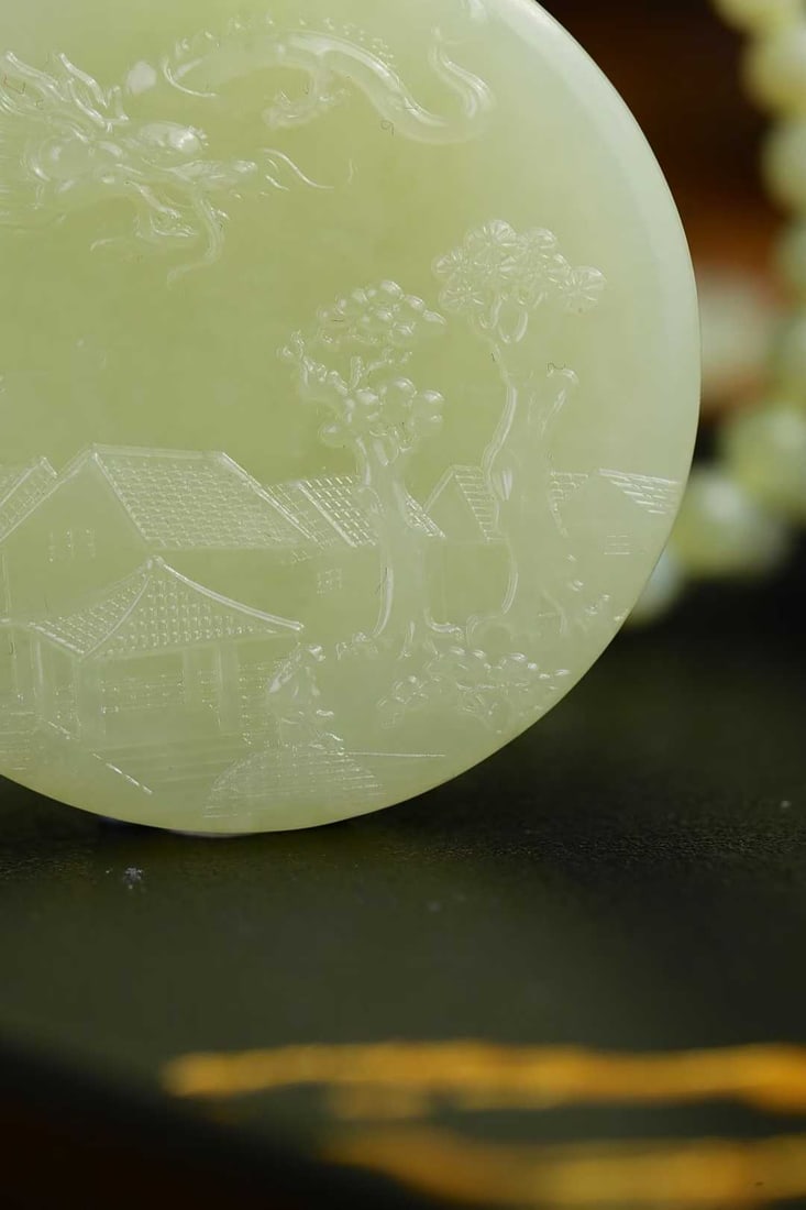 Hetian Jade Hand-carved Dragon & Scenery Pendant w Certificate - 3