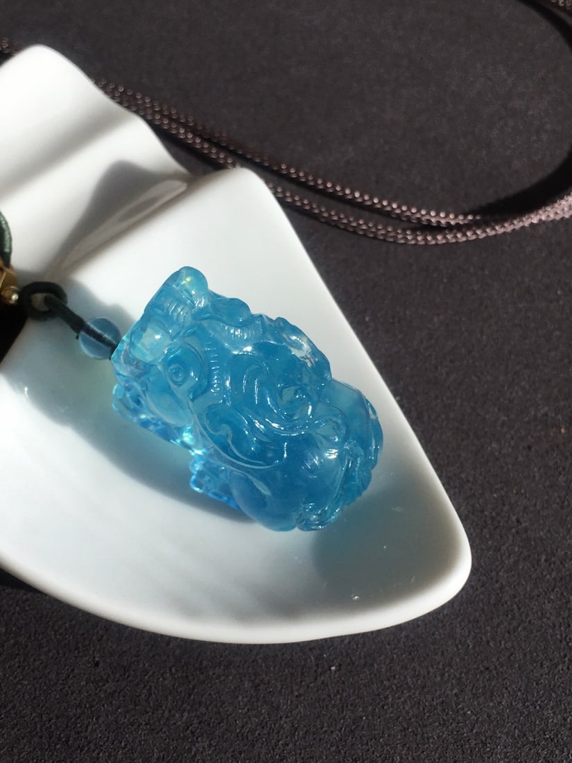 Natural Aquamarine Hand-carved Pixiu Penmdant with Certificate - 6