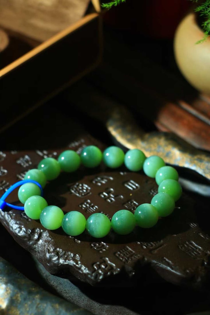 11.6mm Green Hetian Jade cat's eye Bracelet Bangle with Certificate - 2