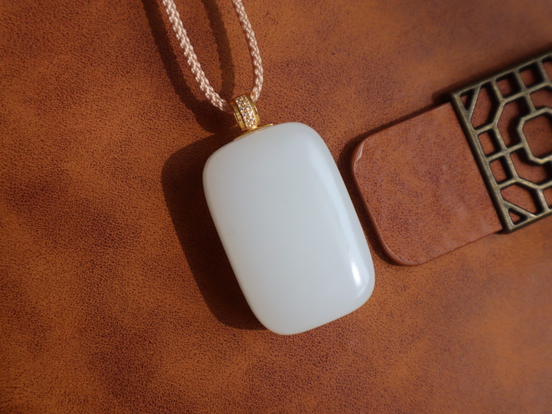 18K Gold Inlay White Hetian Jade,Diamond Lucky Pendant w Certificate - 2