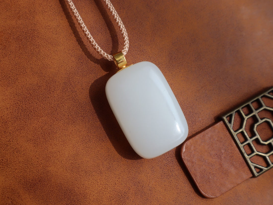 18K Gold Inlay White Hetian Jade,Diamond Lucky Pendant w Certificate - 3