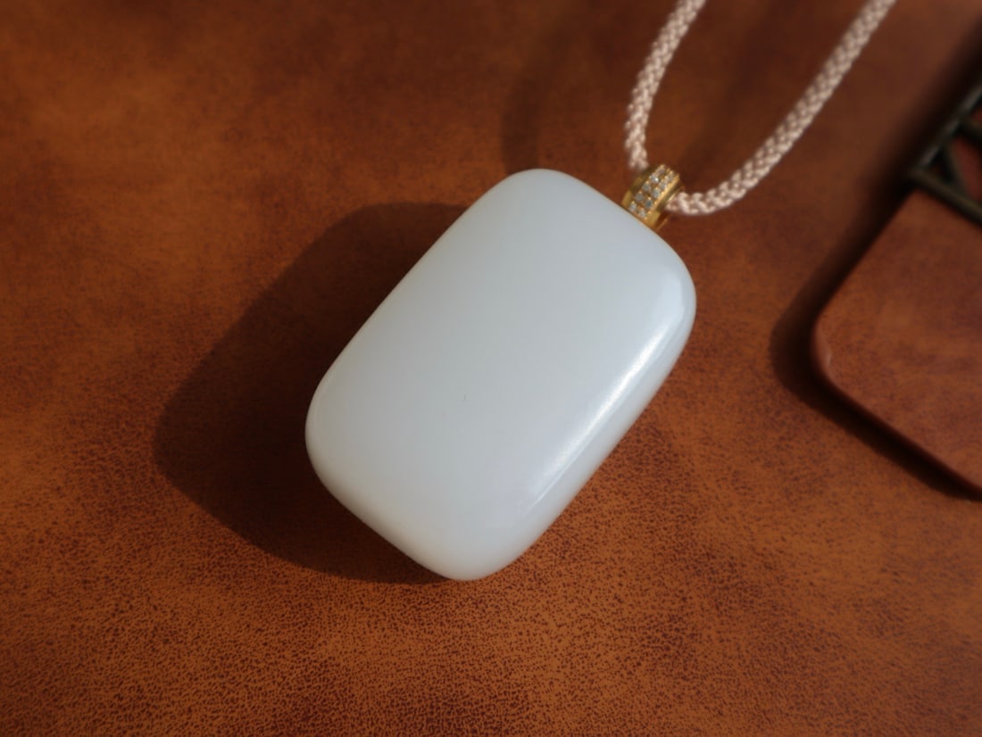 18K Gold Inlay White Hetian Jade,Diamond Lucky Pendant w Certificate - 5