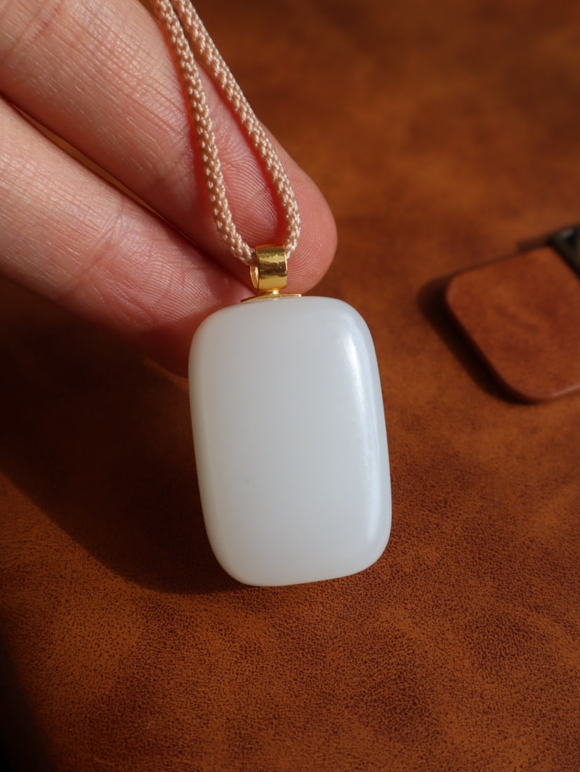 18K Gold Inlay White Hetian Jade,Diamond Lucky Pendant w Certificate - 6