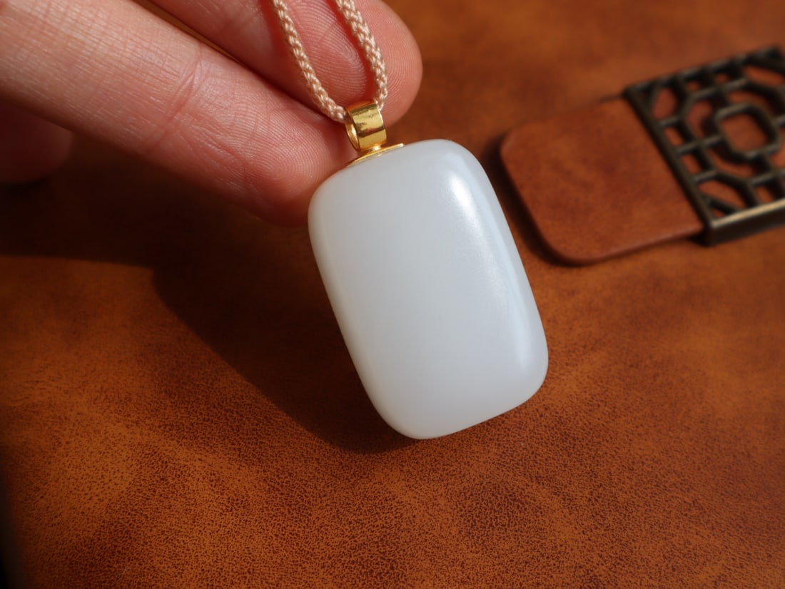 18K Gold Inlay White Hetian Jade,Diamond Lucky Pendant w Certificate - 8