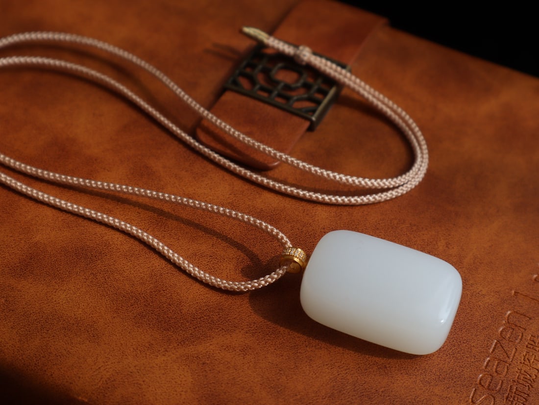 18K Gold Inlay White Hetian Jade,Diamond Lucky Pendant w Certificate - 9