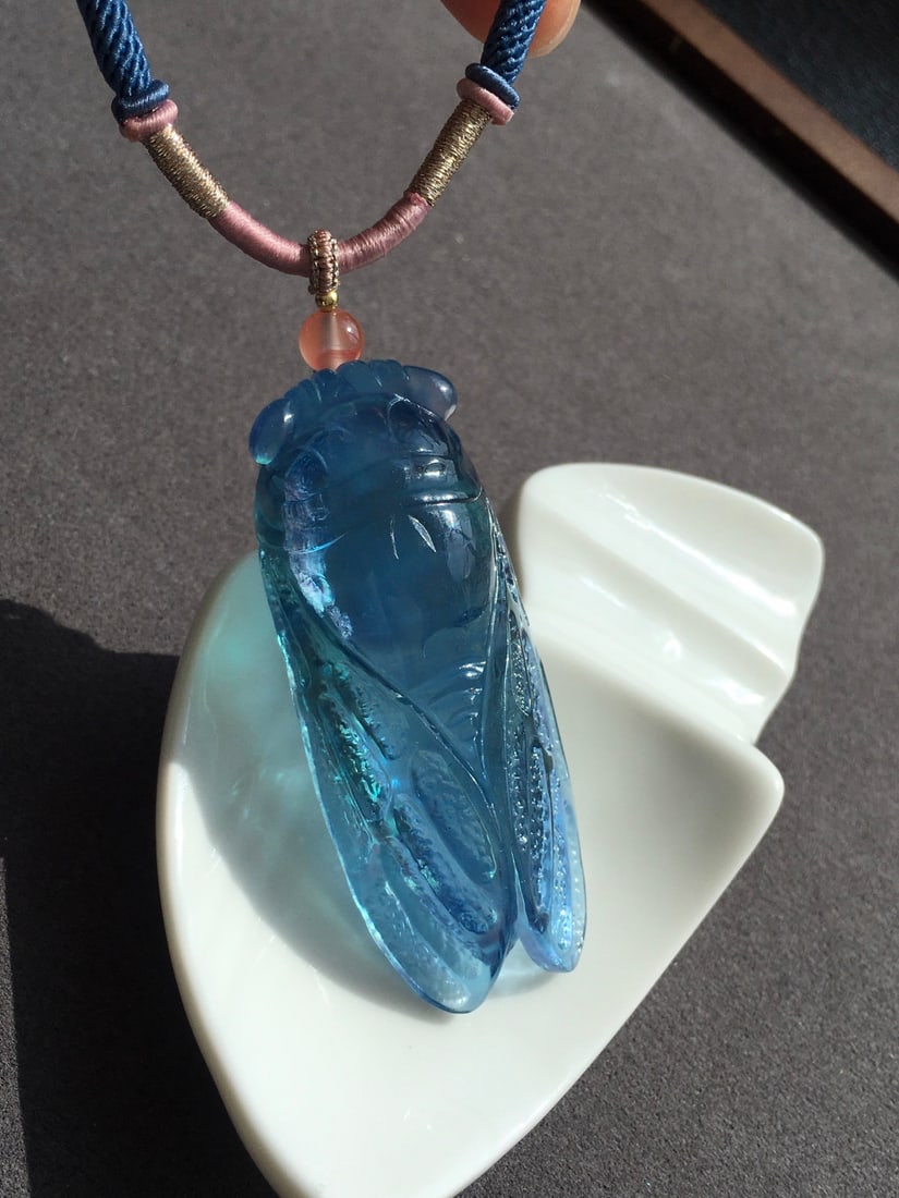 Aquamarine Hand-carved Cicada Pendant w Certificate - 10