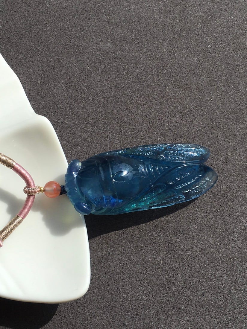 Aquamarine Hand-carved Cicada Pendant w Certificate - 2