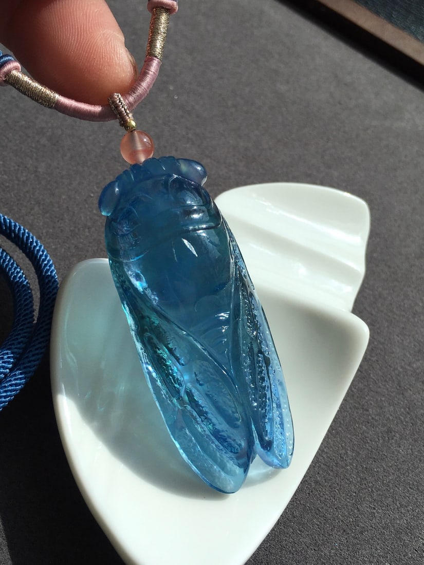 Aquamarine Hand-carved Cicada Pendant w Certificate - 7