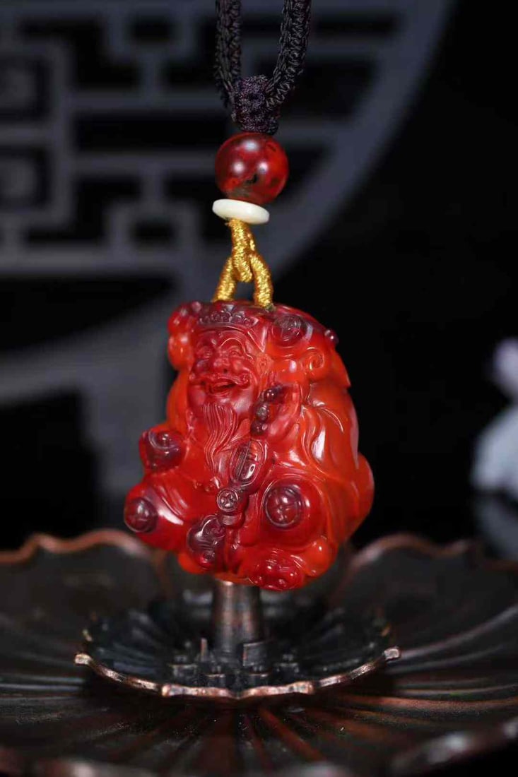 Natural Nanhong Agate Hand-carved Fortune Taoism Deity Pendant w Certificate - 2