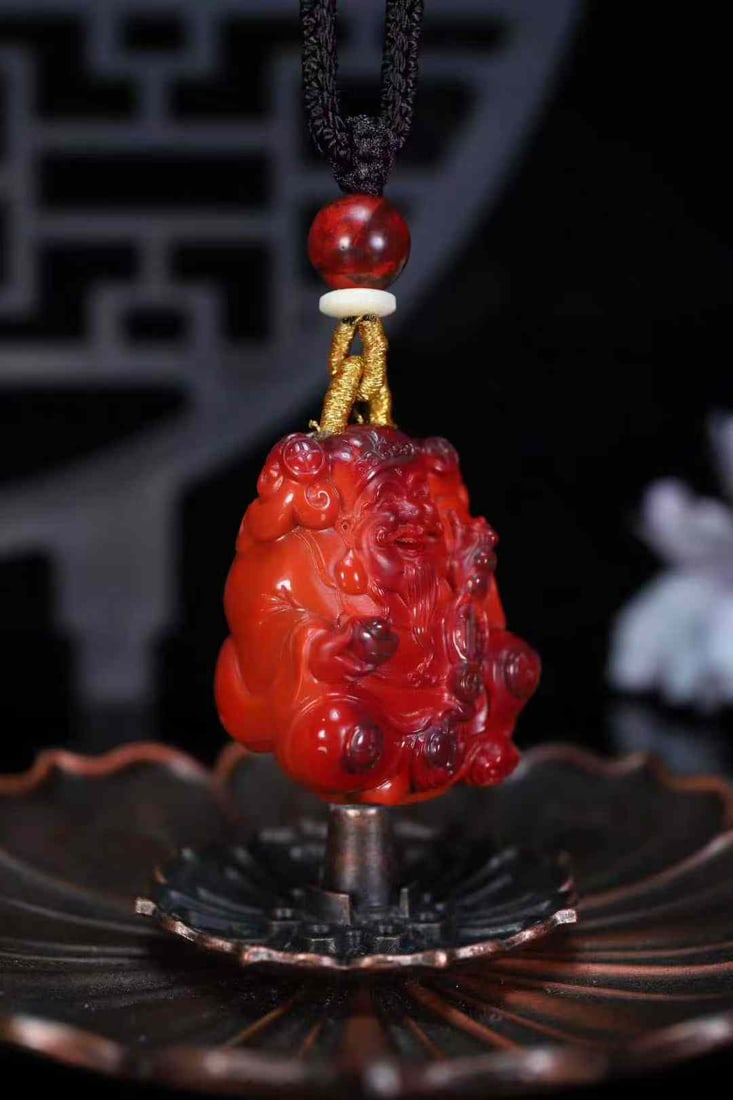 Natural Nanhong Agate Hand-carved Fortune Taoism Deity Pendant w Certificate - 3