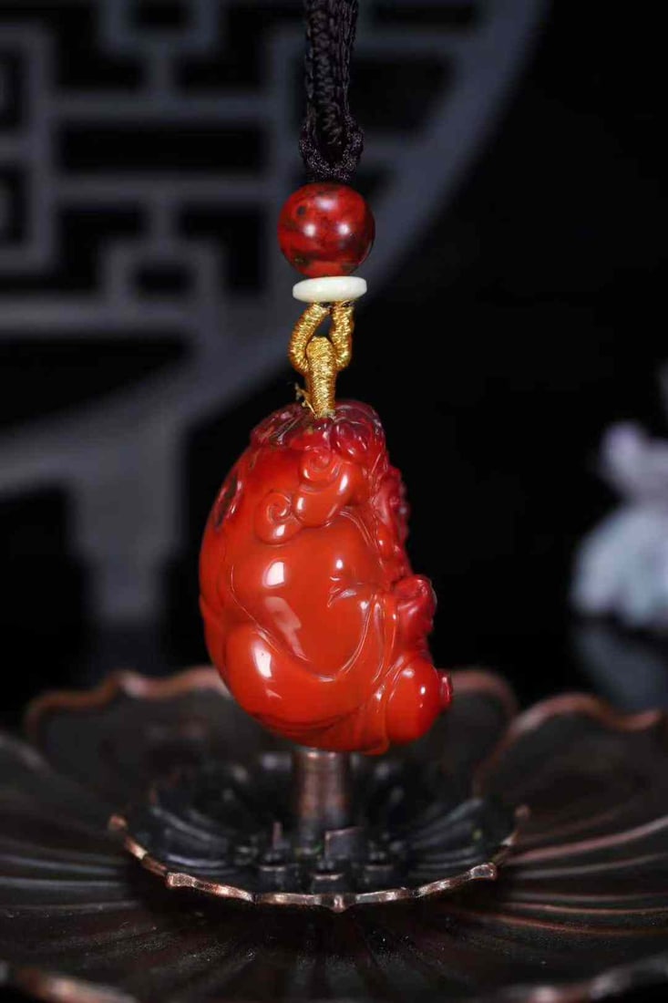 Natural Nanhong Agate Hand-carved Fortune Taoism Deity Pendant w Certificate - 4
