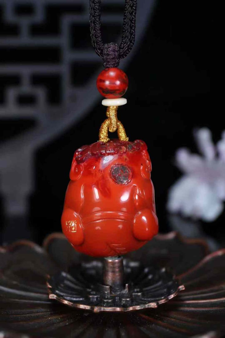 Natural Nanhong Agate Hand-carved Fortune Taoism Deity Pendant w Certificate - 5