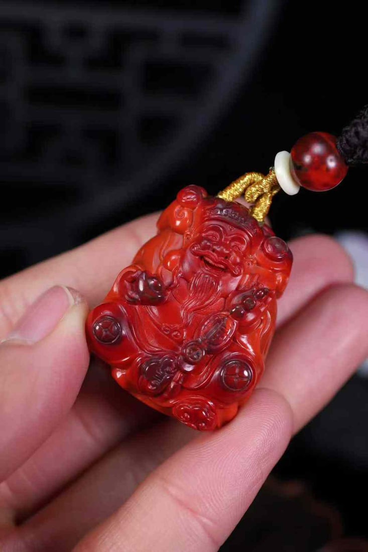 Natural Nanhong Agate Hand-carved Fortune Taoism Deity Pendant w Certificate - 6