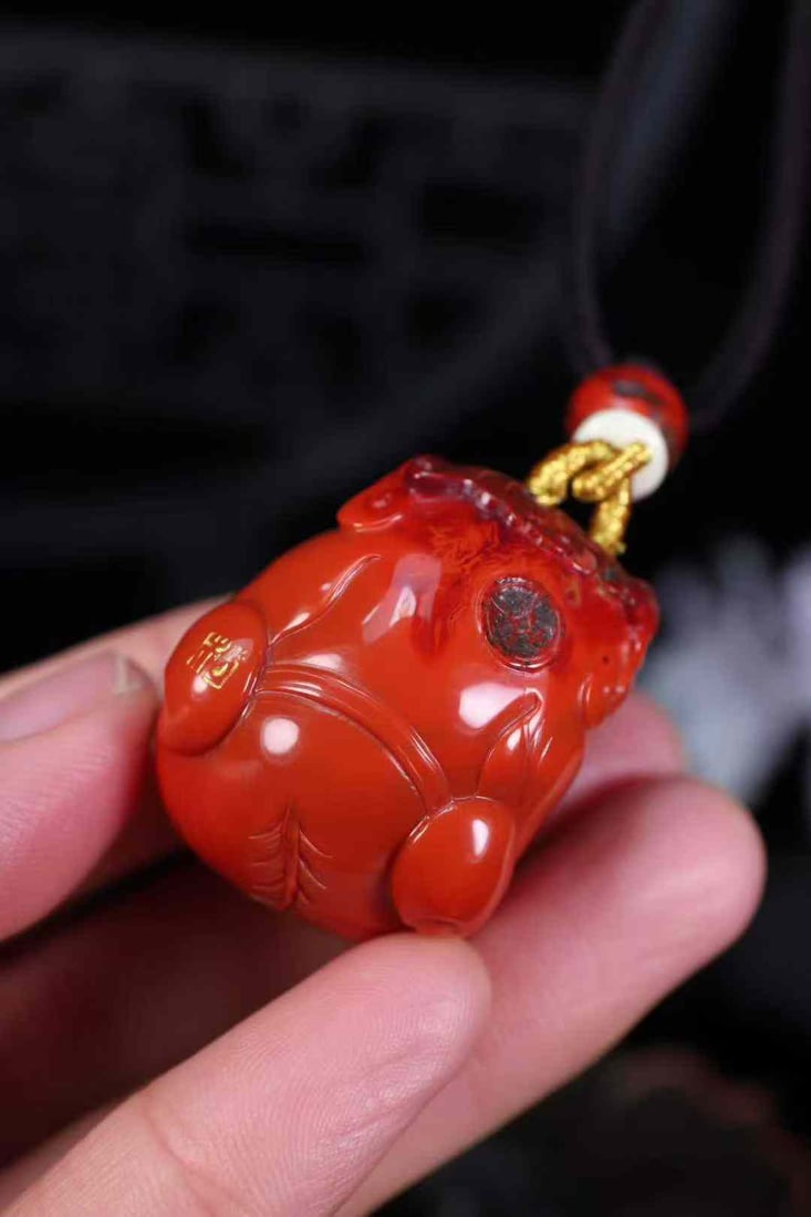 Natural Nanhong Agate Hand-carved Fortune Taoism Deity Pendant w Certificate - 7