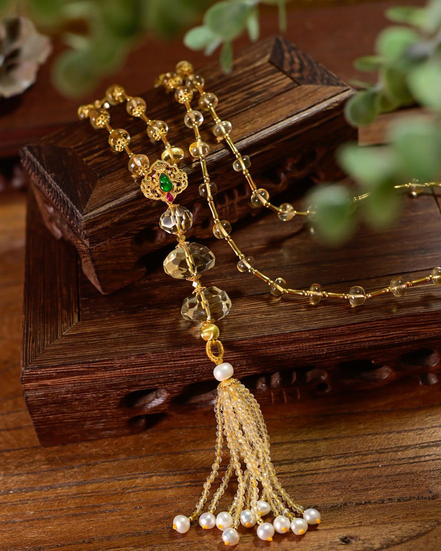 Yellow Crystal,Silver,Pearl Necklace - 2