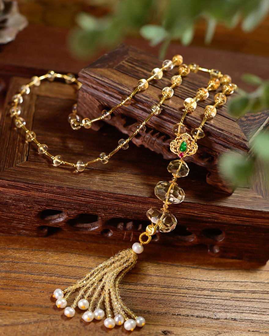 Yellow Crystal,Silver,Pearl Necklace - 3