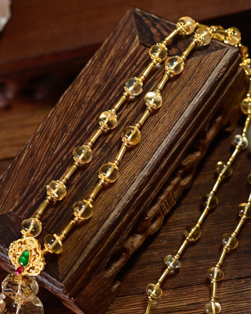 Yellow Crystal,Silver,Pearl Necklace - 5