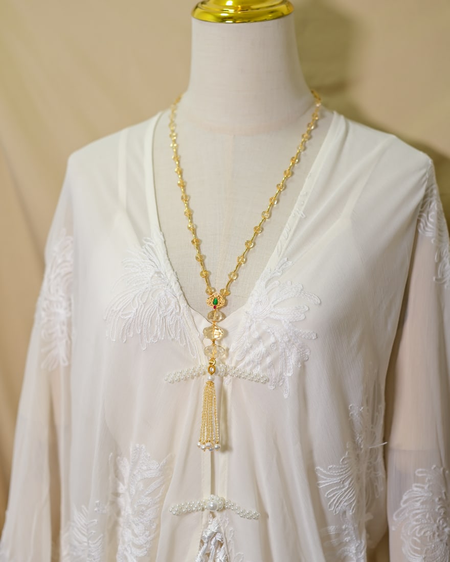 Yellow Crystal,Silver,Pearl Necklace - 6