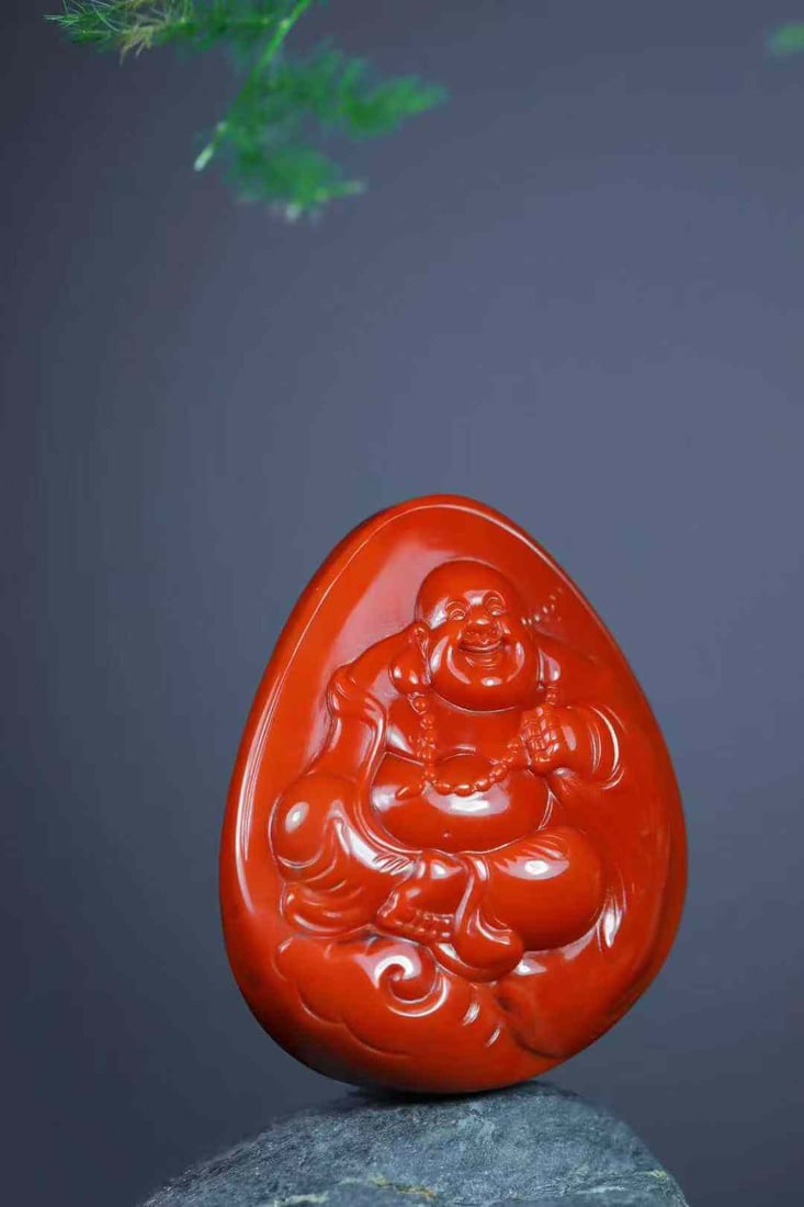 Nanhong Agate Hand-carved Laughing Buddha Pendant w Certificate - 2