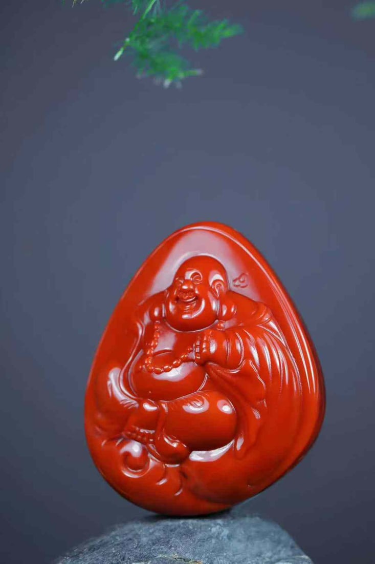 Nanhong Agate Hand-carved Laughing Buddha Pendant w Certificate - 3
