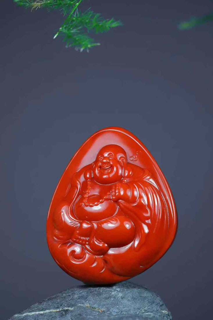 Nanhong Agate Hand-carved Laughing Buddha Pendant w Certificate - 4