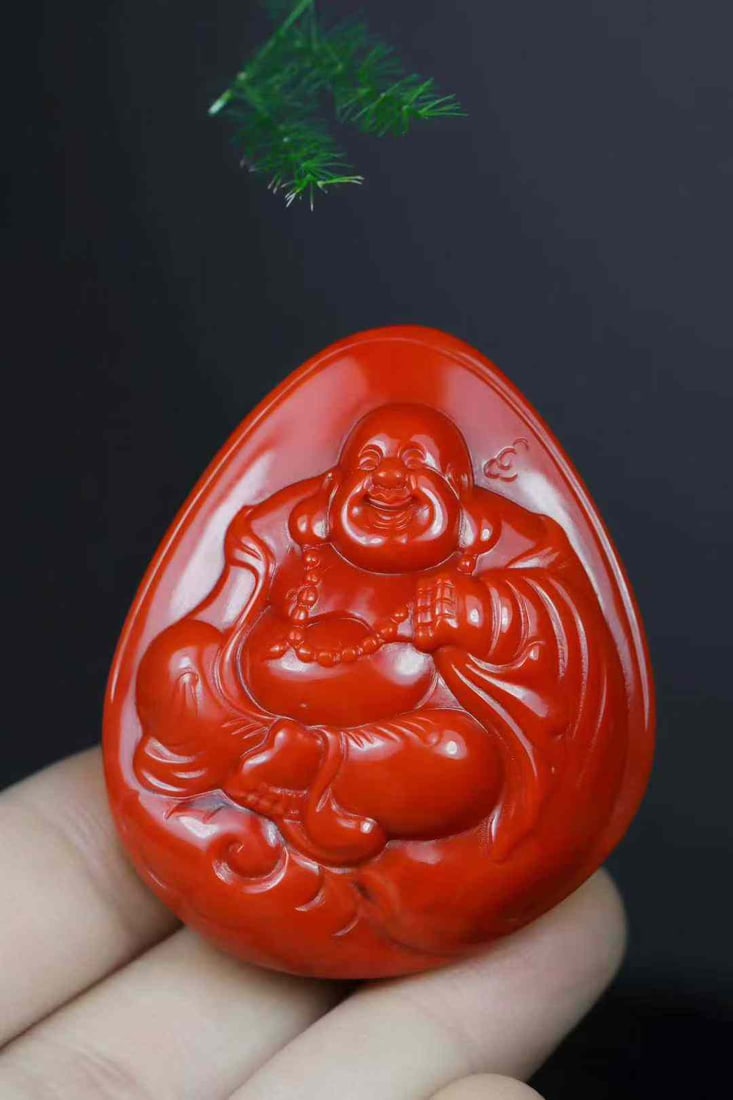 Nanhong Agate Hand-carved Laughing Buddha Pendant w Certificate - 6