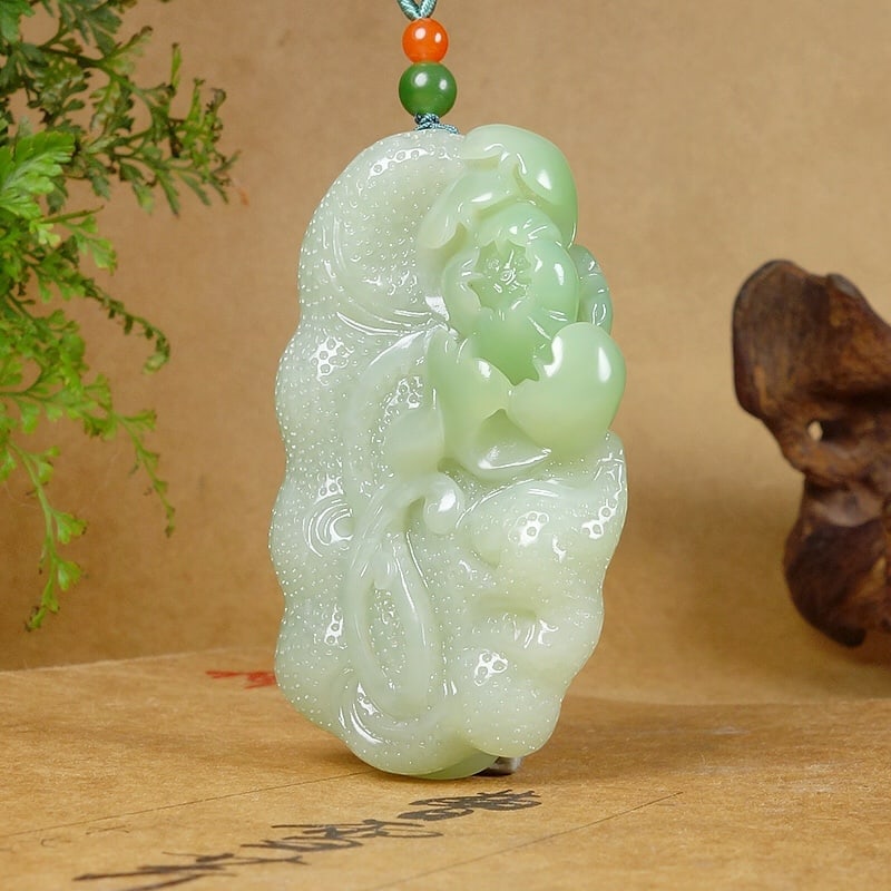Natural Hetian Jade Hand-carved Lotus Pendant w Certificate - 2