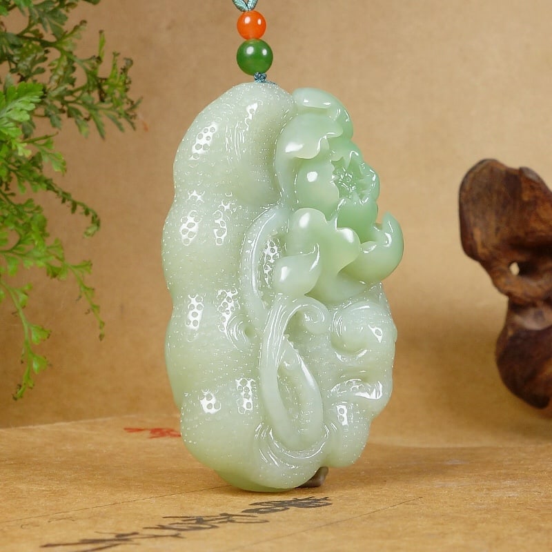 Natural Hetian Jade Hand-carved Lotus Pendant w Certificate - 3