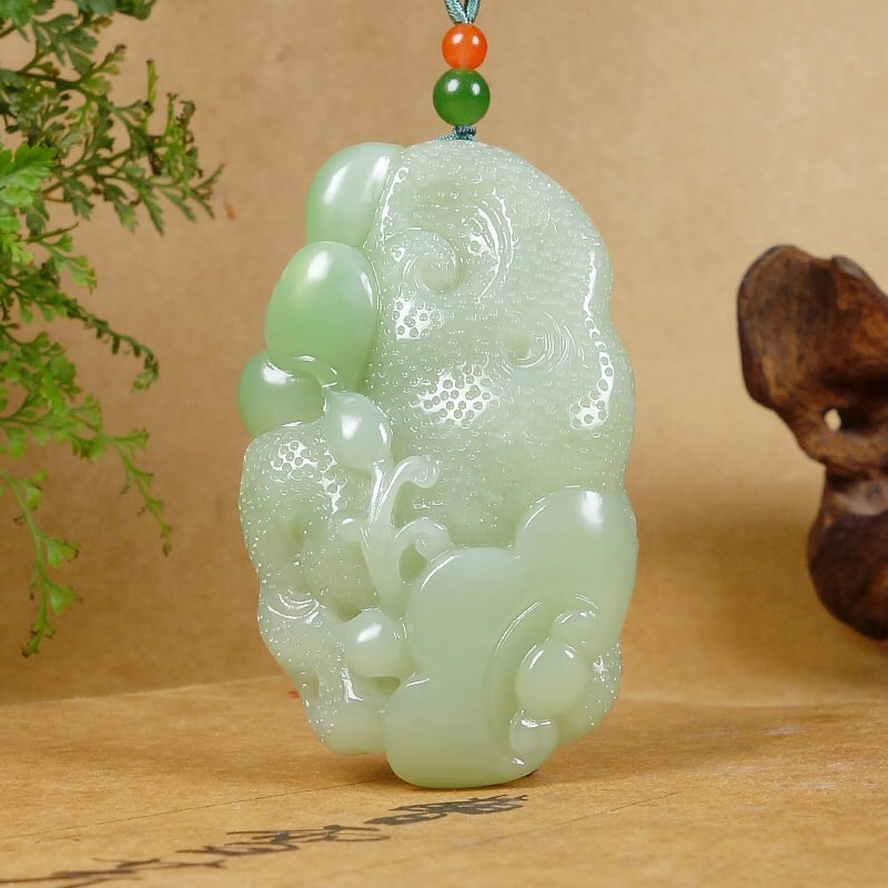 Natural Hetian Jade Hand-carved Lotus Pendant w Certificate - 4